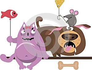 A funny fat mouse with a ball of cheese sits on the head of a big dog, a pink fat cat with a ball of fish smiles.Cartoon.