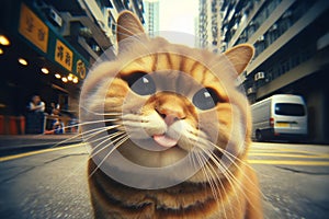 funny fat red cat shows tongue close-up while standing on the street during the day