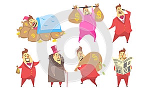 Funny Fat Rich Millionaire in Different Situations Set, Businessman Character in Red Suit Cartoon Vector Illustration