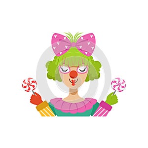 Funny female circus clown holding lollipops, avatar of cartoon friendly clown in classic outfit vector Illustration