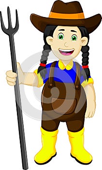 Funny female farmer cartoon holding rake