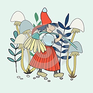 Funny female gnome with giant chamomile flower. Fairy tale elf girl in cartoon style. Vector illustration for children