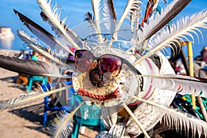 Funny figure made of feathers used for found glasses on the beach in the fishing village Vitt near Cap Arkona photo