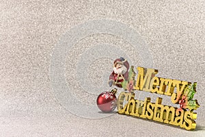 Funny figurine of Santa Claus on a glitter silver snow background with the golden words Merry Christmas and a Christmas Tree