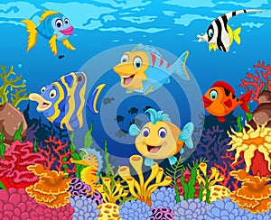 Funny fish cartoon with beauty sea life background
