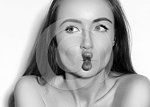 Funny Fish Lips Face with Exprissive Emotions. Beautiful Model with Fishlips. Black and White Photo