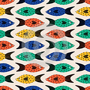 Funny fishes hand drawn vector illustration. Colorful underwater animal in flat style seamless pattern for kids.