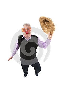 Funny fisheye portrait of the cheerful elderly man