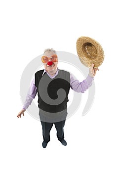 Funny fisheye portrait of the cheerful elderly man