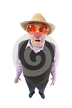 Funny fisheye portrait of the cheerful elderly man