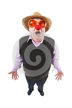 Funny fisheye portrait of the cheerful elderly man