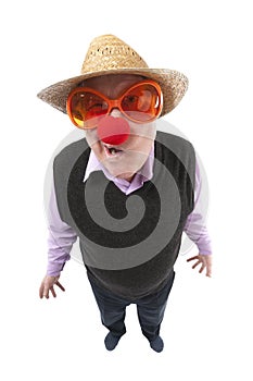 Funny fisheye portrait of the cheerful elderly man