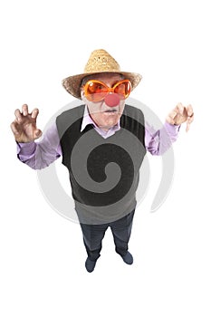 Funny fisheye portrait of the cheerful elderly man