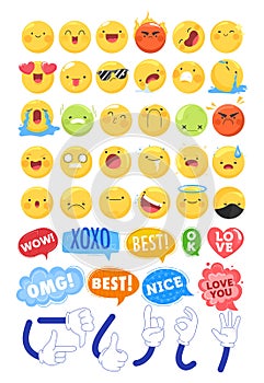 Funny flat style emoji emoticon anime reactions color icons set vector illustration isolated on white. Booble talk hello
