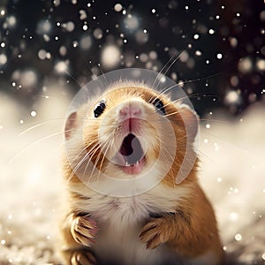 Funny fluffy animal under the snowfall. A small surprised mouse with an open mouth looks at the snow