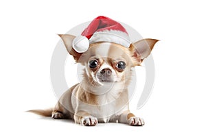 Funny fluffy chihuahua dog in a Santa Claus hat. Big dog in a red Santa hat. New year or Christmas Banner with copy