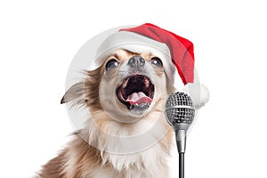 Funny fluffy chihuahua dog in a Santa Claus hat. Big dog in a red Santa hat. New year or Christmas Banner with copy