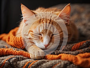 Funny fluffy ginger cat sleeping on orange blanket.