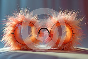 Funny fluffy and hairy peach colored glasses lying on a light table