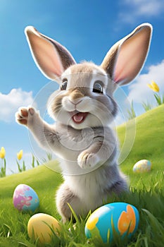Funny fluffy rabbit on an Easter card