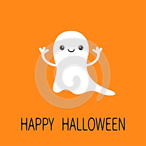 Funny flying baby ghost. Smiling face. Happy Halloween. Greeting card. Cute cartoon character. Scary spirit. Kids collection. Oran