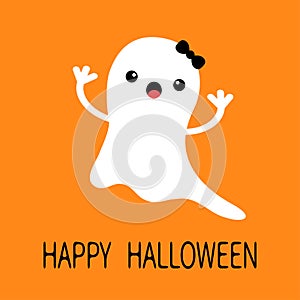 Funny flying baby girl ghost with black bow. Smiling face. Happy Halloween. Greeting card. Cute cartoon character. Scary spirit.