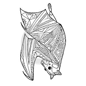 funny flying fox hanging upside down, consisting of patterns and lines, coloring book for adults and children, black and white