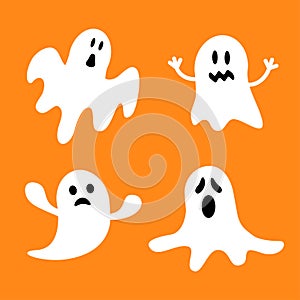 Funny flying ghost set.Different emotions face. Happy Halloween. Greeting card.