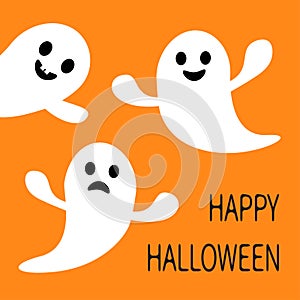 Funny flying ghost. Smiling and sad face with tooth. Happy Halloween. Greeting card. Cute cartoon character. Scary spirit. Baby co