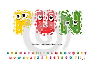 Funny font for kids. Cute monster characters. Cartoon colorful letters and numbers. For birthday, school, Halloween, T