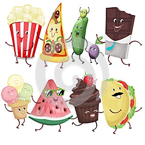 Funny food characters dancing conga. Popcorn, pizza, cucumber, olives, chocolate, ice cream, watermelon, cupcake, taco. Digital photo