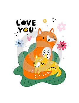 Funny fox card. Nordic kids style animals. Cartoon forest wildlife characters. Foxy family in meadow. Loving mom and cub