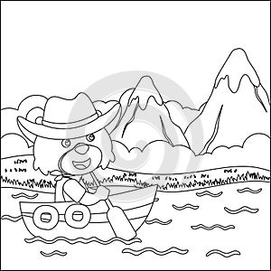 Funny fox cartoon vector on little boat with cartoon style, Trendy children graphic with Line Art Design Hand Drawing Sketch For