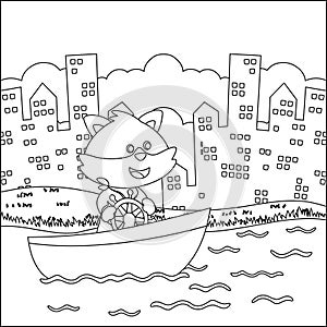 Funny fox cartoon vector on little boat with cartoon style, Trendy children graphic with Line Art Design Hand Drawing Sketch For