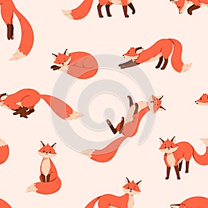 Funny foxes pattern. Seamless background with cute wild animal. Repeating foxy print on endless texture. Repeatable