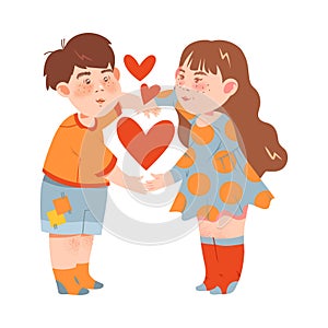 Funny Freckled Boy and Girl Holding Hands and Showing Heart Sign Vector Illustration
