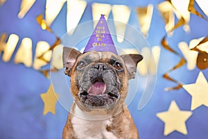 Funny French Bulldog dog wearing New Year`s Eve part hat with text `This year will be crazy`