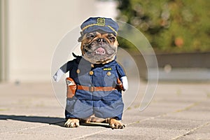 Funny French Bulldog dog wearing police officer costume with fake arms