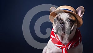 Funny french bulldog wearing canotier straw hat and neckerchief. Studio portrait on deep blue background with copy space