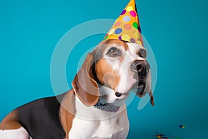 Funny and friendly cute beagleai wearing a brithday party hat in studio, on a vibrant, colorful background. Generative AI