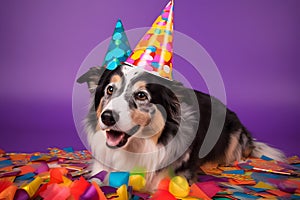 Funny and friendly cute border collie wearing a brithday party hat in studio, on a vibrant, colorful background. Generative