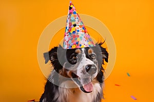 Funny and friendly cute border collie wearing a brithday party hat in studio, on a vibrant, colorful background. Generative
