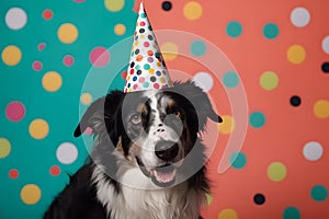 Funny and friendly cute border collie wearing a brithday party hat in studio, on a vibrant, colorful background. Generative