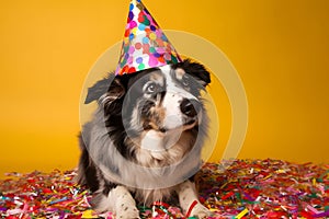 Funny and friendly cute border collie wearing a brithday party hat in studio, on a vibrant, colorful background. Generative