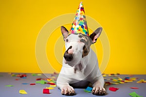 Funny and friendly cute bull terrier wearing a brithday party hat in studio, on a vibrant, colorful background. Generative