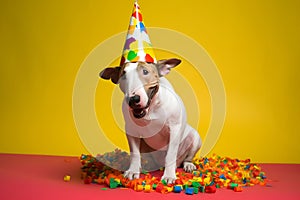 Funny and friendly cute bull terrier wearing a brithday party hat in studio, on a vibrant, colorful background. Generative
