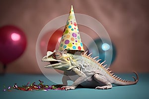 Funny and friendly cute chameleon wearing a brithday party hat in studio, on a vibrant, colorful background. Generative AI