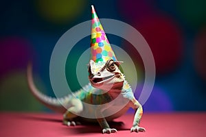 Funny and friendly cute chameleon wearing a brithday party hat in studio, on a vibrant, colorful background. Generative AI