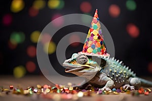 Funny and friendly cute chameleon wearing a brithday party hat in studio, on a vibrant, colorful background. Generative AI