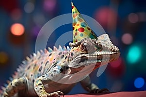 Funny and friendly cute chameleon wearing a brithday party hat in studio, on a vibrant, colorful background. Generative AI